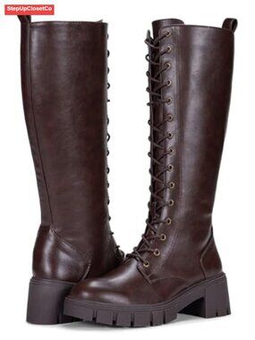 Faux Leather Lace Up Platform Knee High Combat Boots